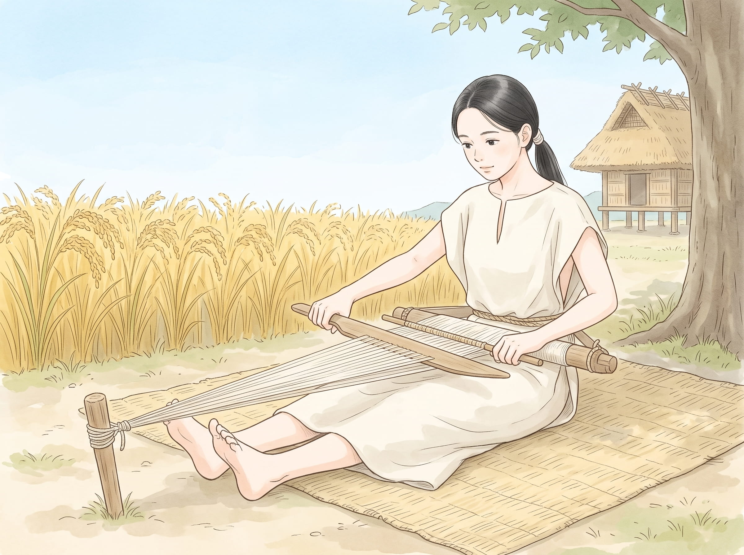 地機で布を織る弥生の女性